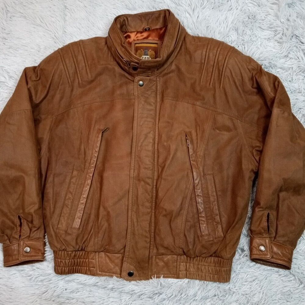 I.O.U Jacket Mens L Brown Leather Softshell Coat Pockets Lined Packable Hood‎